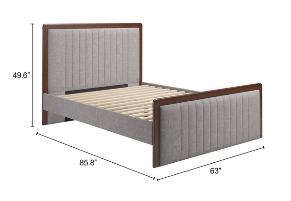 Somune Queen Upholstered Bed Faux Linen Fabric Walnut Accents Modern Glam Bedroom