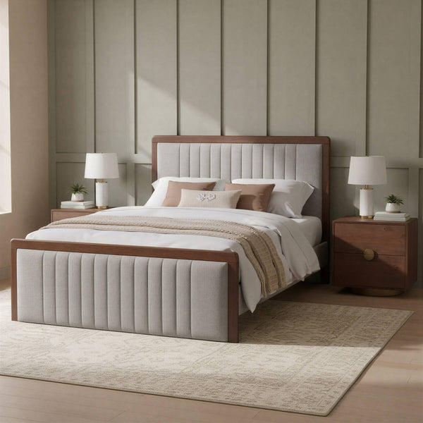 Somune Queen Upholstered Bed Faux Linen Fabric Walnut Accents Modern Glam Bedroom