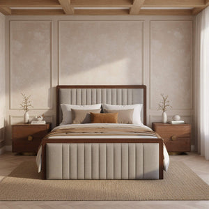 Somune Queen Upholstered Bed Faux Linen Fabric Walnut Accents Modern Glam Bedroom