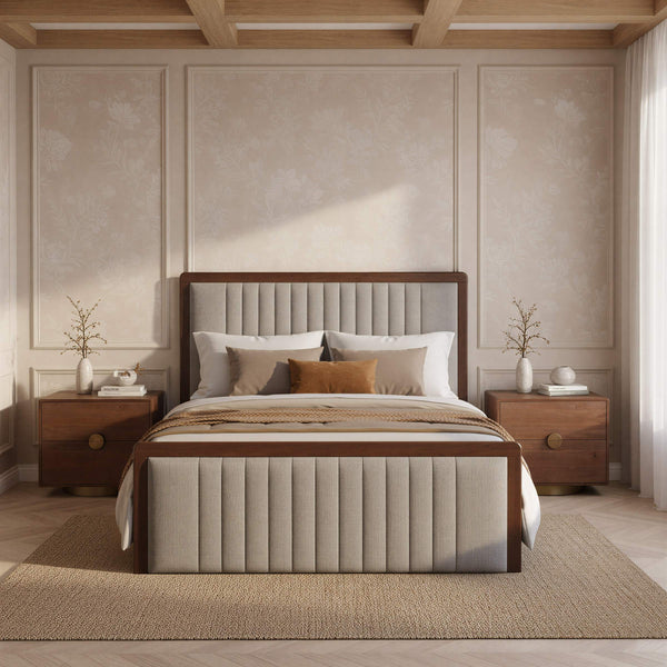 Somune Queen Upholstered Bed Faux Linen Fabric Walnut Accents Modern Glam Bedroom