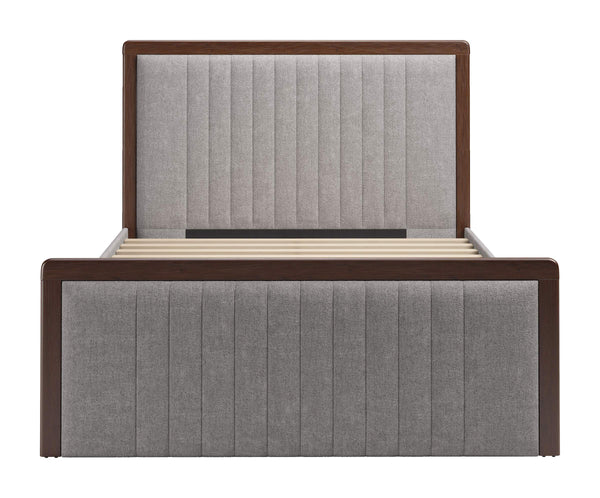 Somune Queen Upholstered Bed Faux Linen Fabric Walnut Accents Modern Glam Bedroom