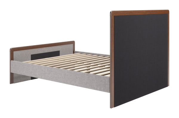 Somune Queen Upholstered Bed Faux Linen Fabric Walnut Accents Modern Glam Bedroom