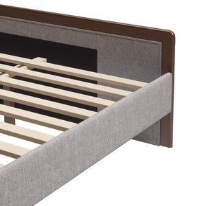 Somune Queen Upholstered Bed Faux Linen Fabric Walnut Accents Modern Glam Bedroom
