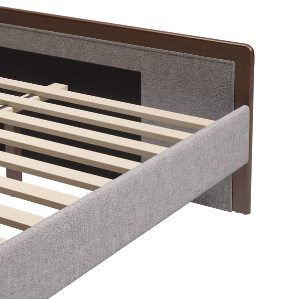 Somune Queen Upholstered Bed Faux Linen Fabric Walnut Accents Modern Glam Bedroom