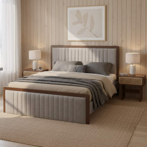 Somune King Upholstered Bed Rubberwood Frame Faux Linen Headboard Modern Glam