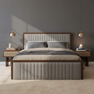 Somune King Upholstered Bed Rubberwood Frame Faux Linen Headboard Modern Glam