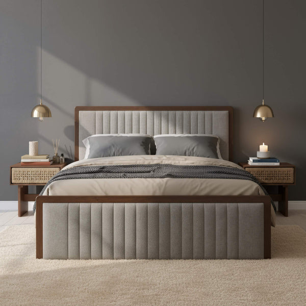 Somune King Upholstered Bed Rubberwood Frame Faux Linen Headboard Modern Glam
