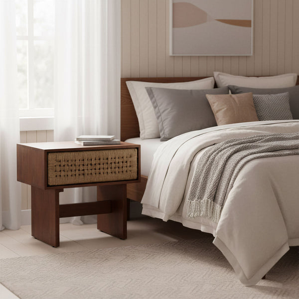 Amaria Mango Wood Nightstand with Jute Accents Handcrafted Bedside Storage Table