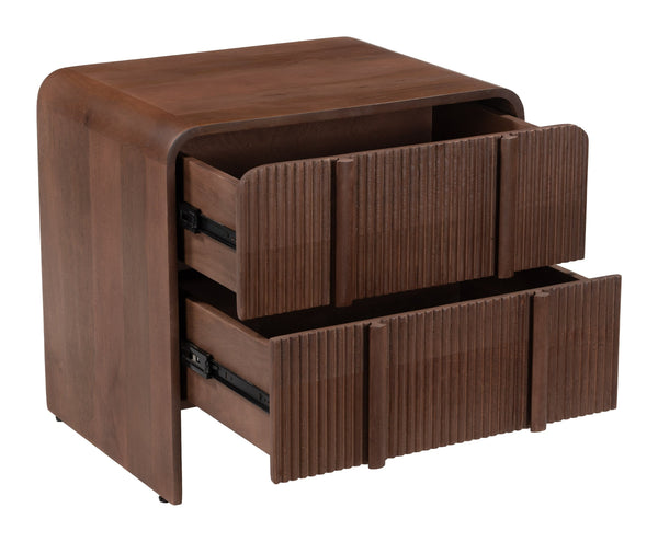 Calipso Mango Wood Nightstand Two Drawer Minimalist Bedside Table Walnut Finish