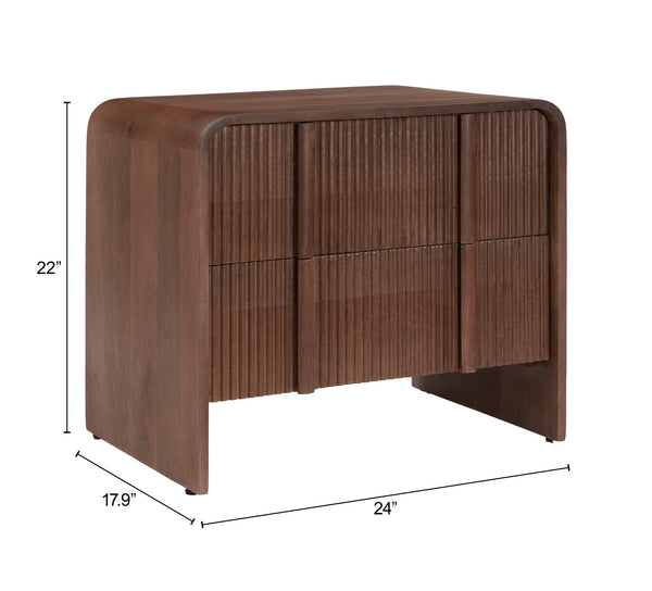 Calipso Mango Wood Nightstand Two Drawer Minimalist Bedside Table Walnut Finish