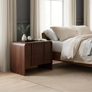 Calipso Mango Wood Nightstand Two Drawer Minimalist Bedside Table Walnut Finish