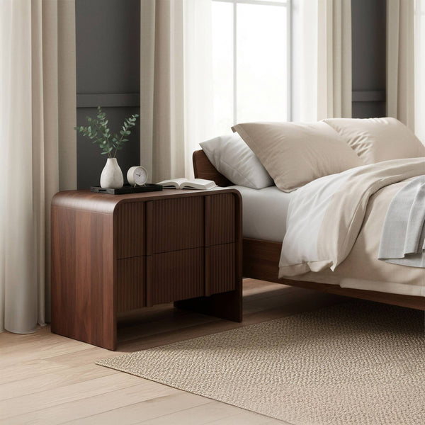 Calipso Mango Wood Nightstand Two Drawer Minimalist Bedside Table Walnut Finish
