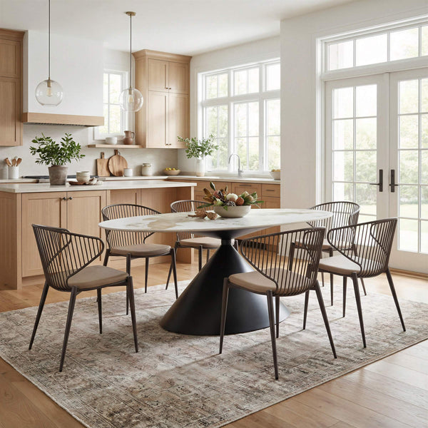 Armana Oval Faux Marble Dining Table Seats 8 with Steel Base for Modern Homes