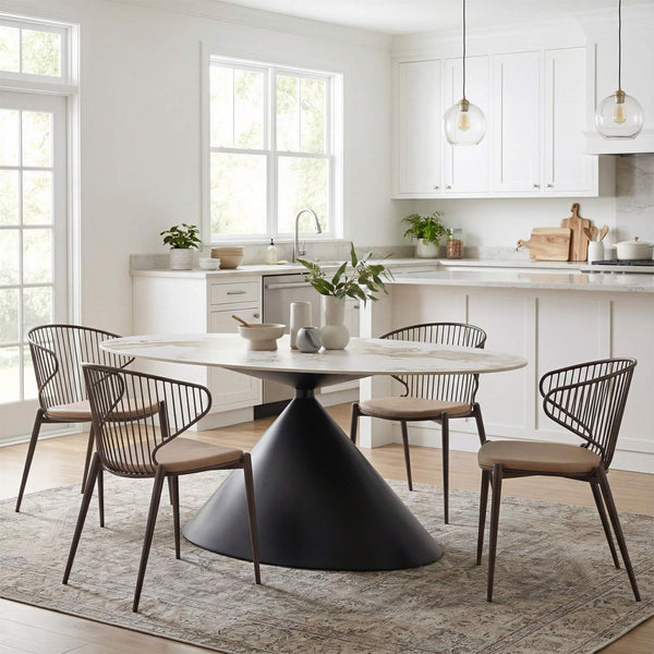 Armana Oval Faux Marble Dining Table Seats 8 with Steel Base for Modern Homes