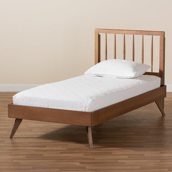 Baxton Studio Baxton Studio Mid-Century Modern Ash Walnut Twin Platform Bed with Spindle Headboard & Support Toru Twin Toru-Ash Walnut-Twin