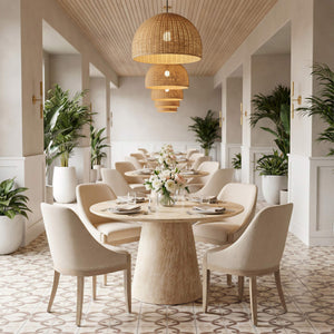 Legno Round Faux Travertine Dining Table Glam Modern Centerpiece Seats Four