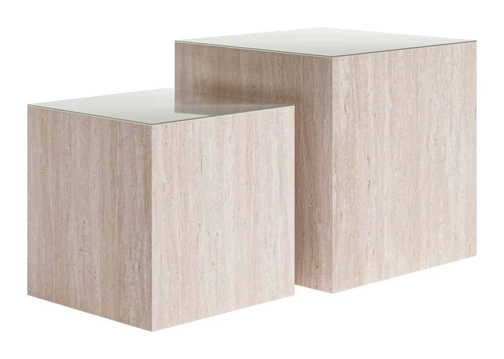 Zuo Modern Cambro Nesting Coffee Table Set Art Deco Faux Travertine Tempered Glass Living Room 111084