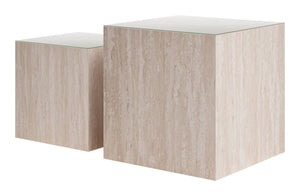 Cambro Nesting Coffee Table Set Art Deco Faux Travertine Tempered Glass Living Room