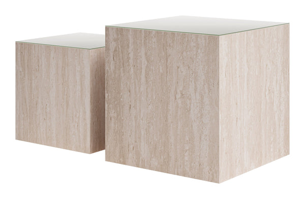 Cambro Nesting Coffee Table Set Art Deco Faux Travertine Tempered Glass Living Room