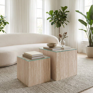 Cambro Nesting Coffee Table Set Art Deco Faux Travertine Tempered Glass Living Room