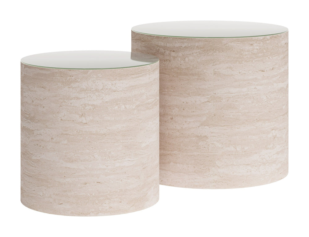Zuo Modern Carzo Round Faux Travertine Nesting Coffee Tables Art Deco Living Room Accent Set 111085