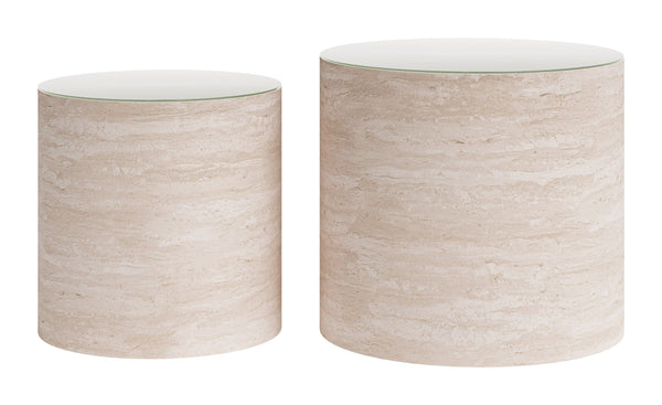 Carzo Round Faux Travertine Nesting Coffee Tables Art Deco Living Room Accent Set
