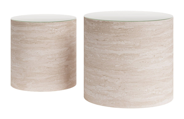 Carzo Round Faux Travertine Nesting Coffee Tables Art Deco Living Room Accent Set