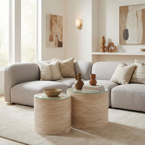 Carzo Round Faux Travertine Nesting Coffee Tables Art Deco Living Room Accent Set