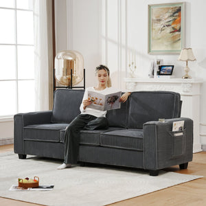 English Elm 84.25-inch Corduroy Three Seater Sofa with Cup Holders Modern Minimalist Living Room Couch Gray W288P399979