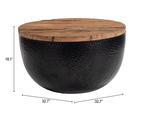 Zuo Modern Duskan Round Pine Top Coffee Table with Hidden Storage and Iron Base for Industrial Living Natural & Black 111144