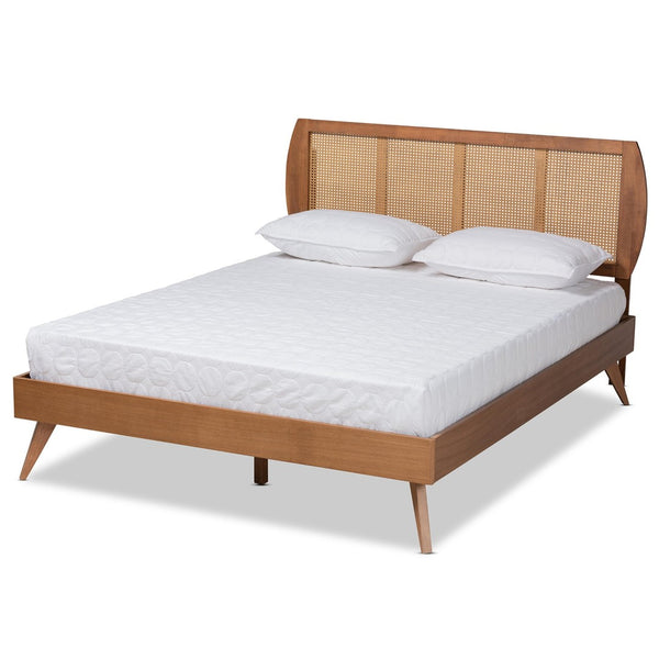 Baxton Studio Baxton Studio Mid-Century Modern Platform Bed with Walnut Finish and Woven Rattan Headboard Design Asami King Asami-Ash Walnut Rattan-King