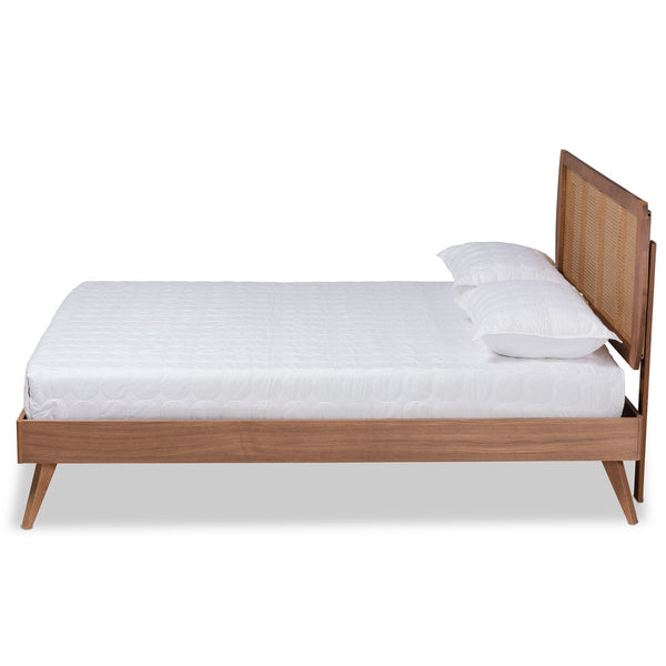 Baxton Studio Baxton Studio Mid-Century Modern Platform Bed with Walnut Finish and Woven Rattan Headboard Design Asami King Asami-Ash Walnut Rattan-King