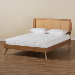 Baxton Studio Baxton Studio Mid-Century Modern Platform Bed with Walnut Finish and Woven Rattan Headboard Design Asami King Asami-Ash Walnut Rattan-King