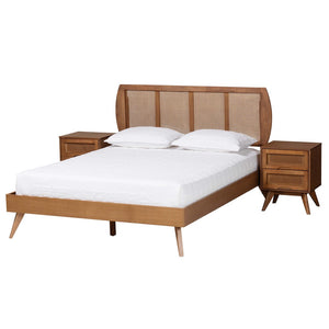 Baxton Studio Baxton Studio Asami Mid-Century Modern Walnut Bedroom Set with Woven Rattan & Adjustable Headboard Queen 3-Piece Asami-Ash Walnut Rattan-Queen 3PC Bedroom Set