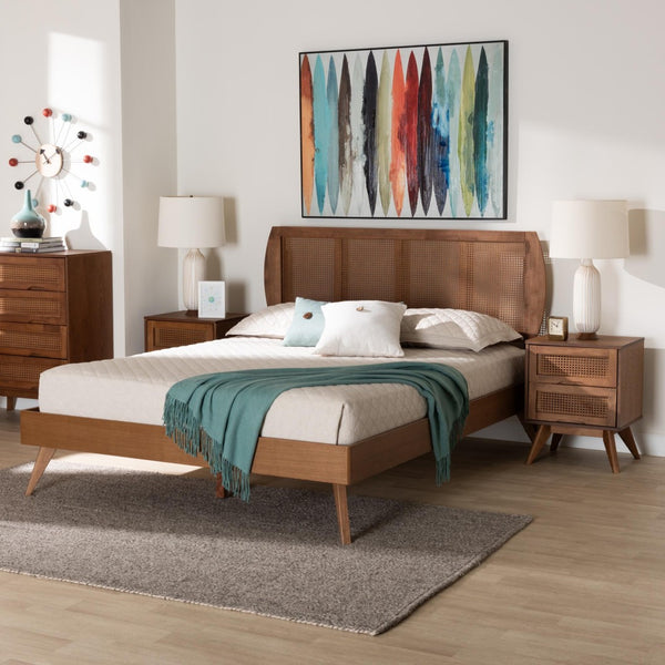 Baxton Studio Baxton Studio Asami Mid-Century Modern Walnut Bedroom Set with Woven Rattan & Adjustable Headboard Queen 3-Piece Asami-Ash Walnut Rattan-Queen 3PC Bedroom Set
