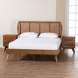 Baxton Studio Asami Mid-Century Modern Walnut Brown Finished Wood and Woven Rattan King Size 3-Piece Bedroom Set