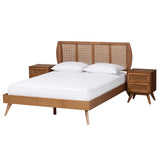 Asami Mid-Century Modern Walnut Brown Finished Wood and Woven Rattan Size 3-Piece Bedroom Set