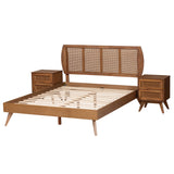 Baxton Studio Asami Mid-Century Modern Walnut Brown Finished Wood and Woven Rattan King Size 3-Piece Bedroom Set