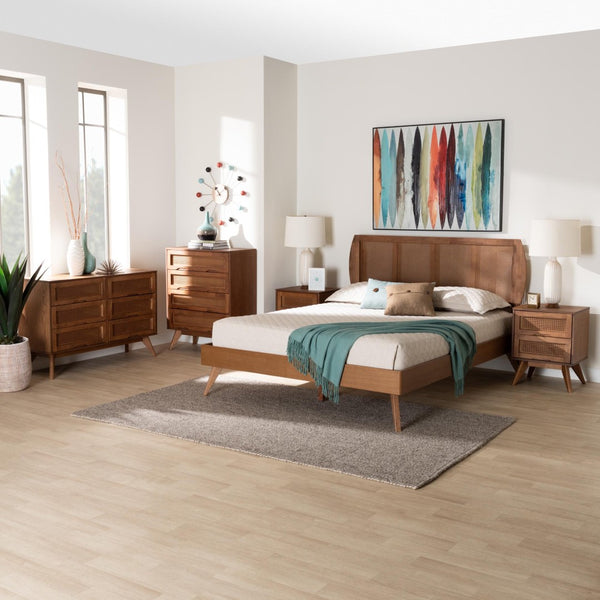 Baxton Studio Baxton Studio Asami Mid-Century Modern Walnut Bedroom Set with Woven Rattan & Adjustable Headboard Queen 5-Piece Asami-Ash Walnut Rattan-Queen 5PC Bedroom Set