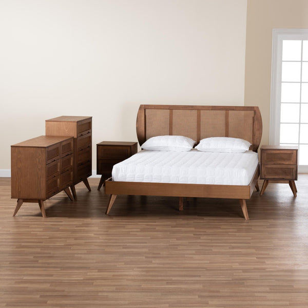 Baxton Studio Baxton Studio Asami Mid-Century Modern Walnut Bedroom Set with Woven Rattan & Adjustable Headboard Queen 5-Piece Asami-Ash Walnut Rattan-Queen 5PC Bedroom Set