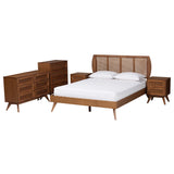 Asami Mid-Century Modern Walnut Brown Finished Wood and Woven Rattan Size 5-Piece Bedroom Set