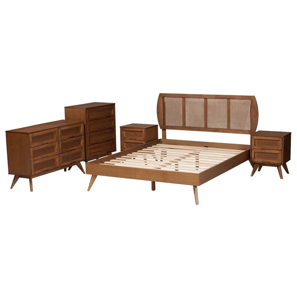 Baxton Studio Baxton Studio Asami 5-Piece Mid-Century King Bedroom Set with Storage, Walnut Finish & Rattan Accents Asami-Ash Walnut Rattan-King 5PC Bedroom Set