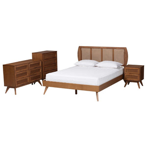 Baxton Studio Baxton Studio Asami Mid-Century Modern Walnut Bedroom Set with Woven Rattan & Adjustable Headboard Queen 4-Piece Asami-Ash Walnut Rattan-Queen 4PC Bedroom Set