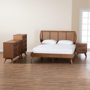 Baxton Studio Baxton Studio Asami Mid-Century Modern Walnut Bedroom Set with Woven Rattan & Adjustable Headboard Queen 4-Piece Asami-Ash Walnut Rattan-Queen 4PC Bedroom Set