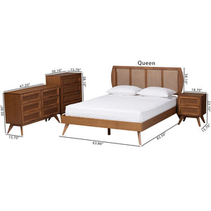 Baxton Studio Baxton Studio Asami Mid-Century Modern Walnut Bedroom Set with Woven Rattan & Adjustable Headboard Queen 4-Piece Asami-Ash Walnut Rattan-Queen 4PC Bedroom Set