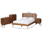 Baxton Studio Asami Mid-Century Modern Walnut Brown Finished Wood and Woven Rattan Queen Size 4-Piece Bedroom Set