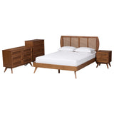 Asami Mid-Century Modern Walnut Brown Finished Wood and Woven Rattan Size 4-Piece Bedroom Set