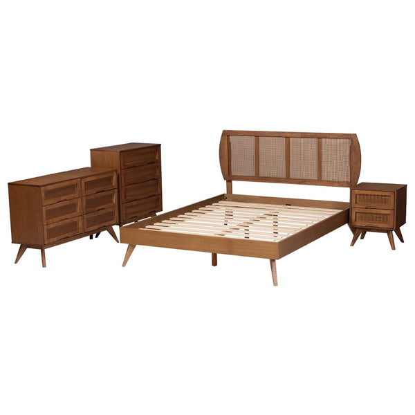 Baxton Studio Baxton Studio Asami Mid-Century Modern Walnut Bedroom Set with Woven Rattan & Adjustable Headboard Queen 4-Piece Asami-Ash Walnut Rattan-Queen 4PC Bedroom Set