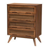 Baxton Studio Asami Mid-Century Modern Walnut Brown Finished Wood and Woven Rattan King Size 4-Piece Bedroom Set