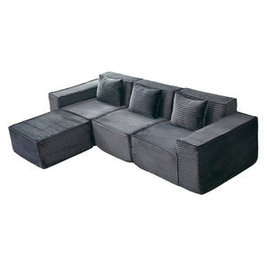 English Elm L-shaped Corduroy Sectional with Ottoman Three Seat Modular Sofa for Modern Living Dark Gray W2699S00080